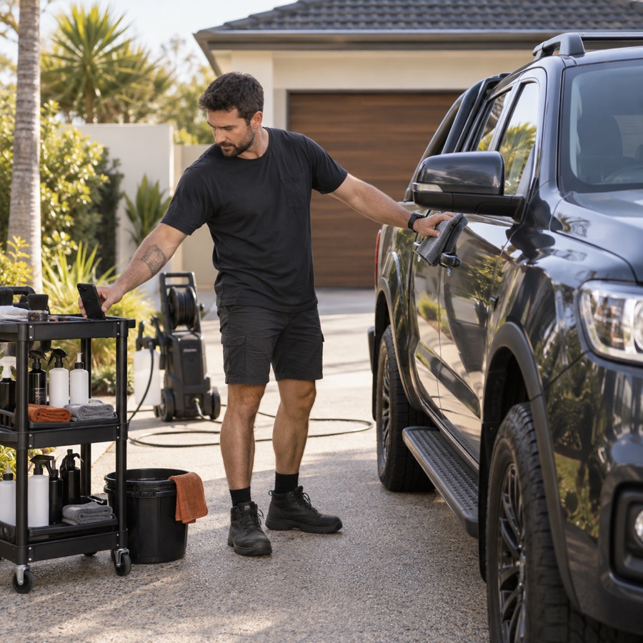 Mobile car detailer at a customer's driveway