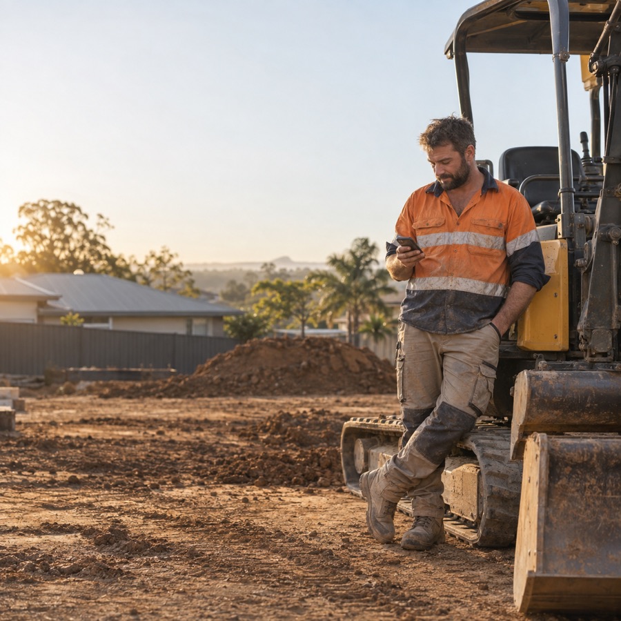 Excavator operator checking his phone on site