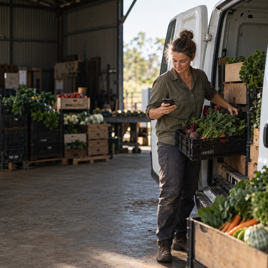 Grower loading a van with fresh produce